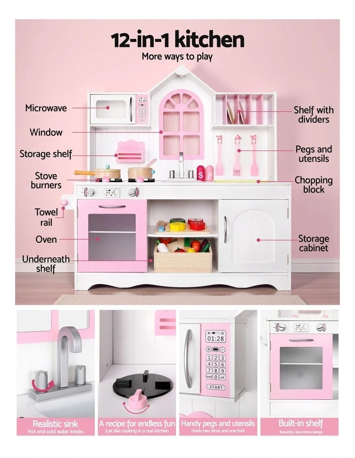 Keezi Wooden Kids Pretend Kitchen Playset with 29pc Food Set Pink White image 4