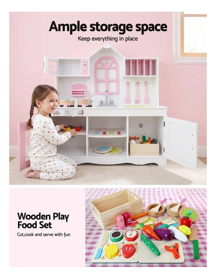 Keezi Wooden Kids Pretend Kitchen Playset with 29pc Food Set Pink White image 5