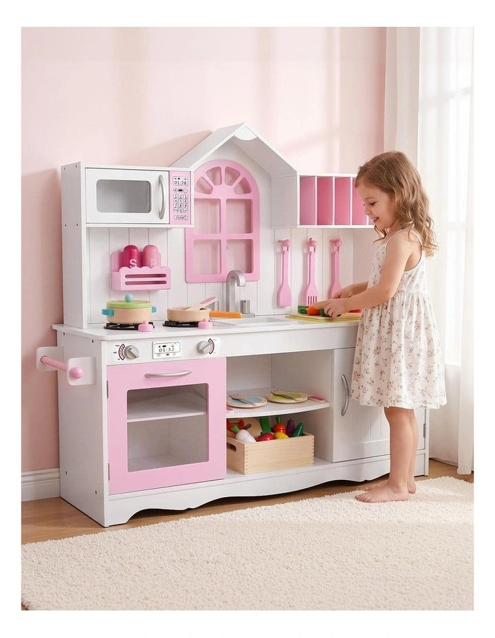 Keezi Wooden Kids Pretend Kitchen Playset with 29pc Food Set Pink White image 6