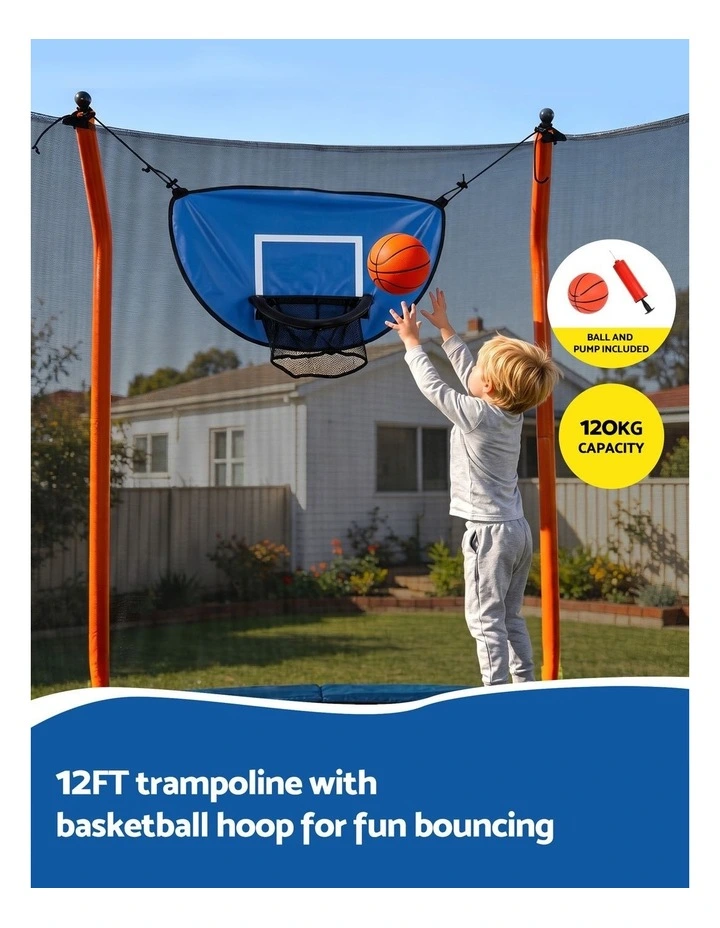 Everfit 12FT Kids Trampoline Rectangle Rebounder with Basketball Set Blue image 4