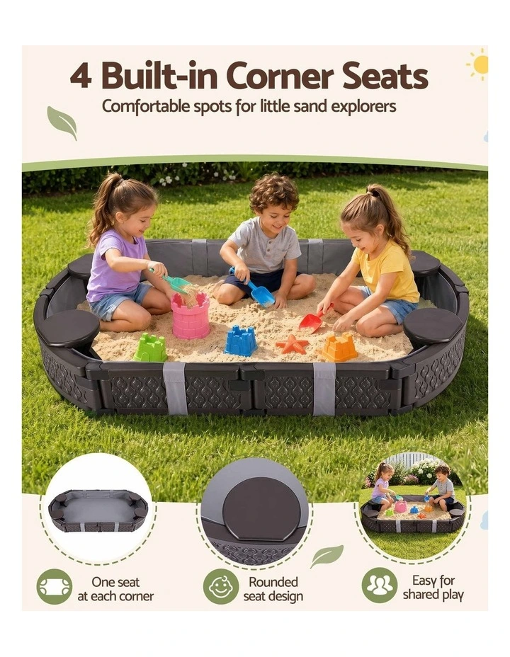 Keezi Kids Sandpit Toys Outdoor Sandbox Oval Sand Pit 4 Seats Grey Cover image 4