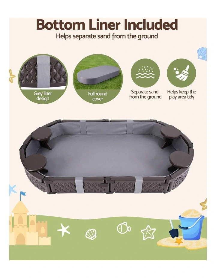 Keezi Kids Sandpit Toys Outdoor Sandbox Oval Sand Pit 4 Seats Grey Cover image 5