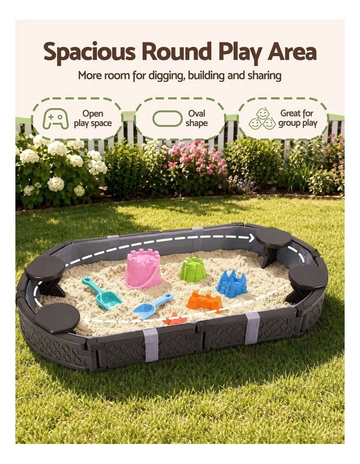 Keezi Kids Sandpit Toys Outdoor Sandbox Oval Sand Pit 4 Seats Grey Cover image 6