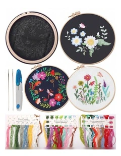 Embroidery Beginners DIY Cross Stitch Kits 3 Sets Pre-Printed Floral Needlepoint Pattern Fabric