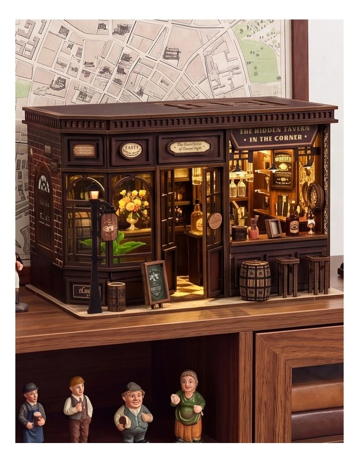 Bo Peep Book Nook Kit Vintage Tavern with Warm LED Light for Shelf Decor Walnut image 6