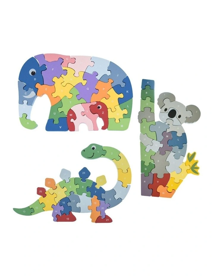 Kaper Kidz 3pc Koala Elephant Dinosaur A-Z Chunky Jigsaw Puzzle Set Kids 3y image 1