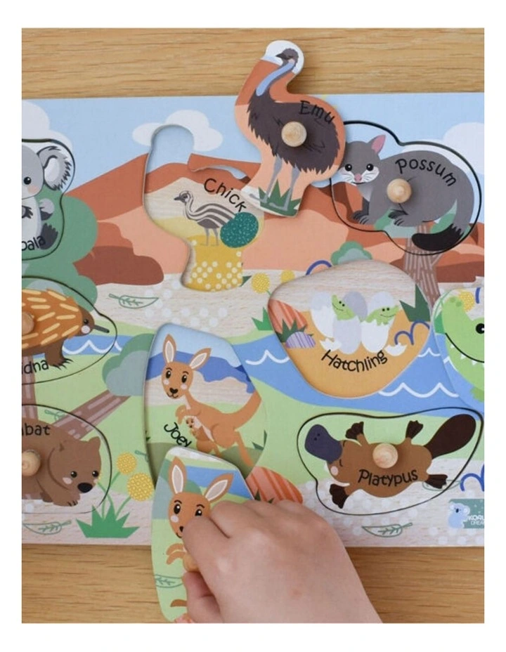 Koala Dream Wooden 2 In 1 Aussie Animals Babies Peg Puzzle Kids Toy 18m image 2