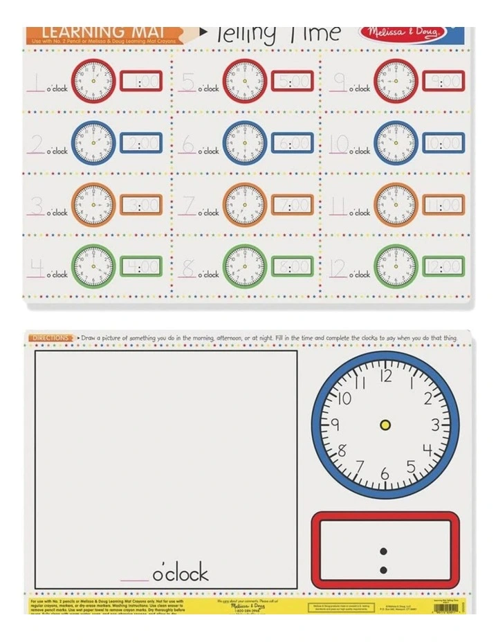 6pc Melissa & Doug Telling Time Write-A-Mat Educational Kids Toy 6y  image 1