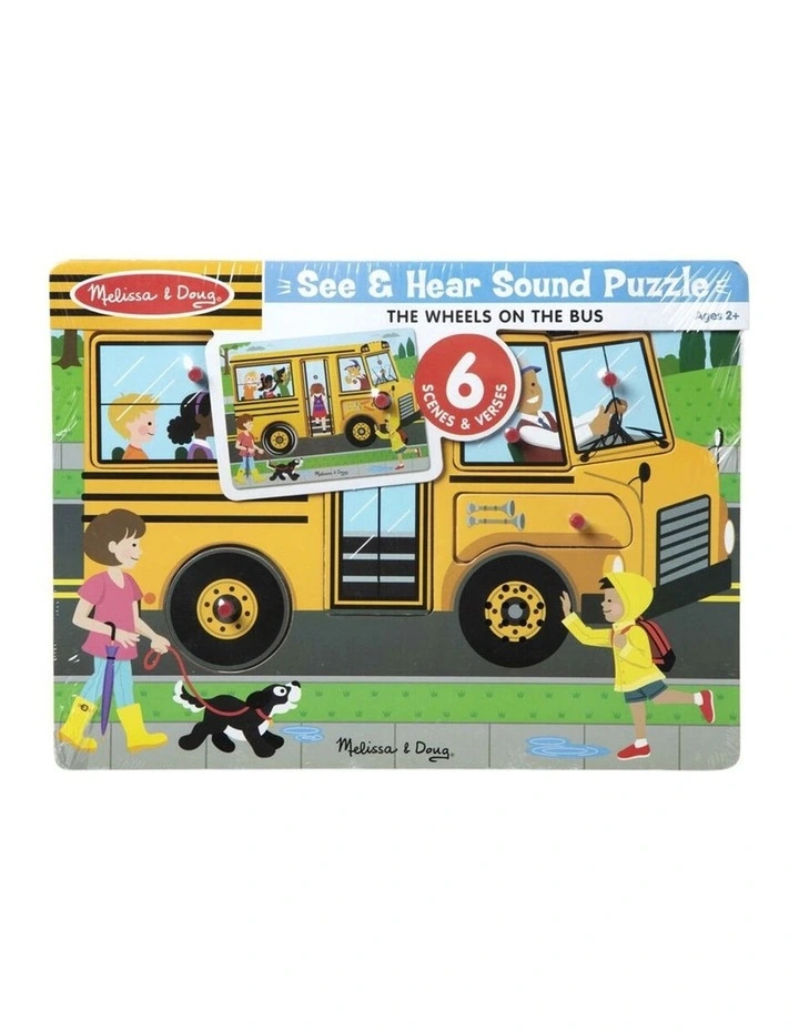 6pc Melissa & Doug The Wheels On Bus Song Wooden Sound Puzzle Jigsaw 2y image 1