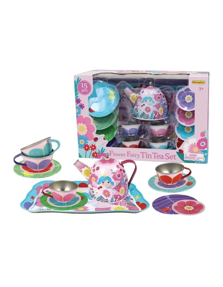 Kaper Kidz Flower Fairy Tin Tea Set 15pcs Kids Pretend Play 3 Years Plus image 1