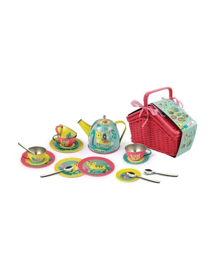 Kaper Kidz Tiger Tin Tea Set 18pc Picnic Basket Kids Pretend Play 3 Years image 1