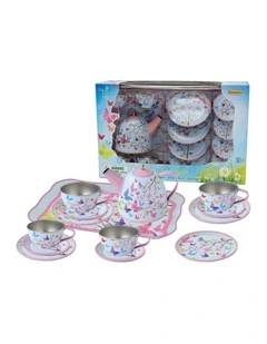 15pc Kaper Kidz Pink Blossom Butterfly Tin Tea Pretend Play Set 3y 