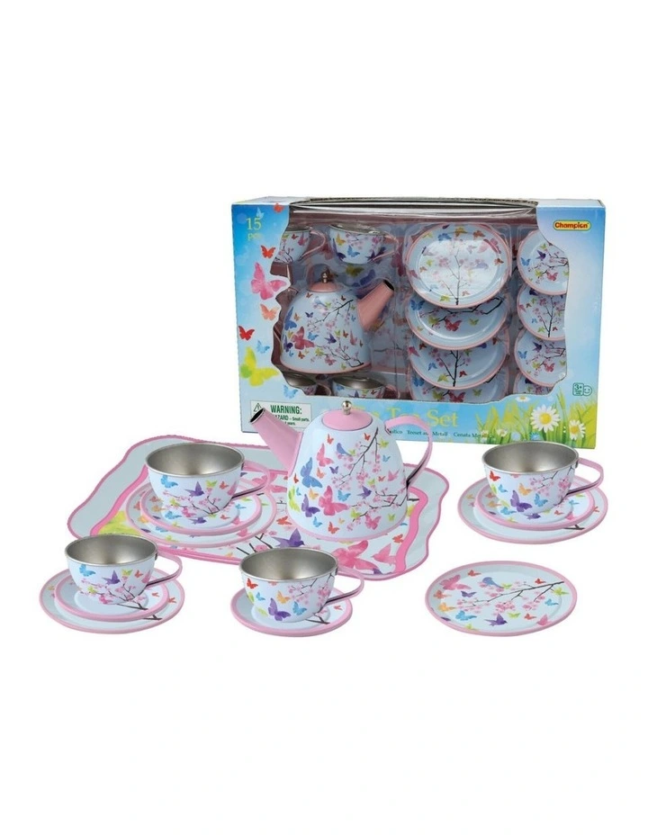15pc Kaper Kidz Pink Blossom Butterfly Tin Tea Pretend Play Set 3y image 1