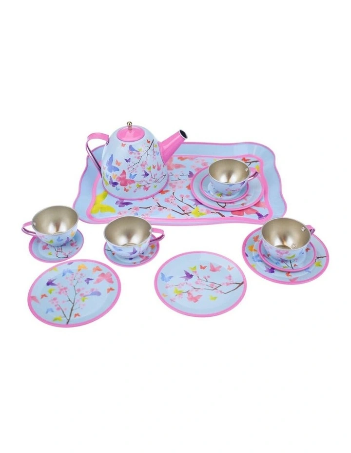 15pc Kaper Kidz Pink Blossom Butterfly Tin Tea Pretend Play Set 3y image 2