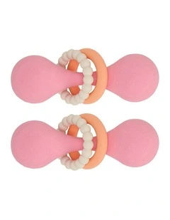 2pc Annabel Trends Silicone Dumbbell Rattle Baby Sensory Teething Toy Pink