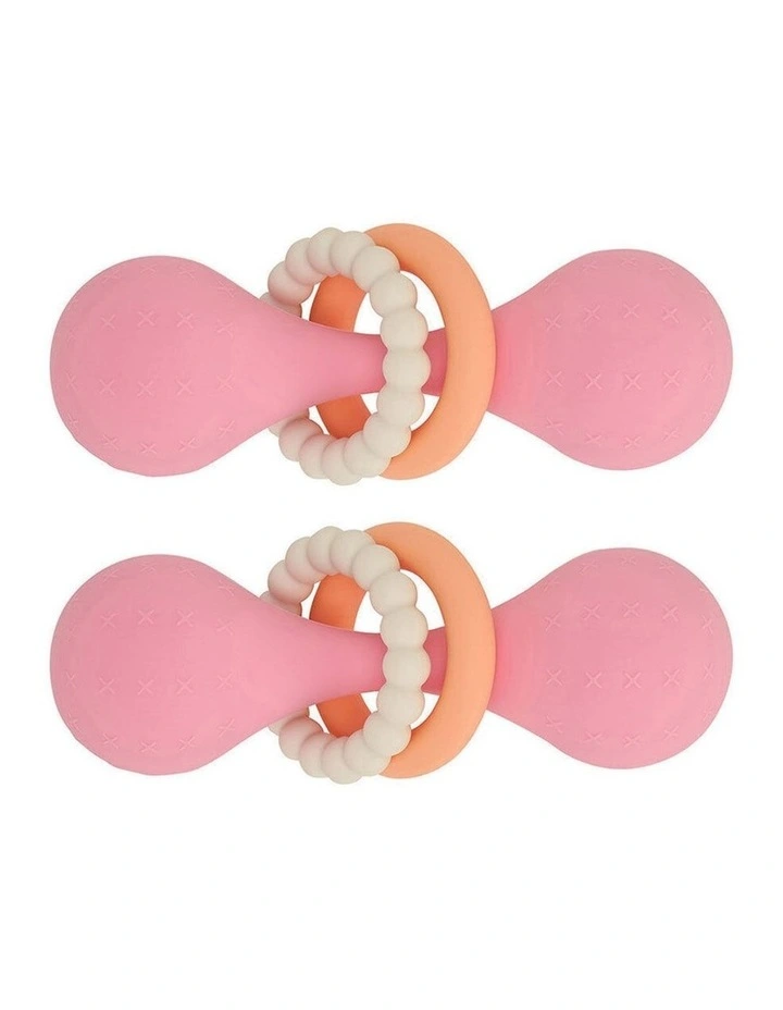 2pc Annabel Trends Silicone Dumbbell Rattle Baby Sensory Teething Toy Pink image 1