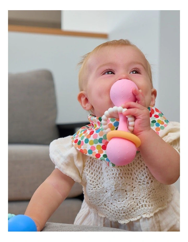 2pc Annabel Trends Silicone Dumbbell Rattle Baby Sensory Teething Toy Pink image 3