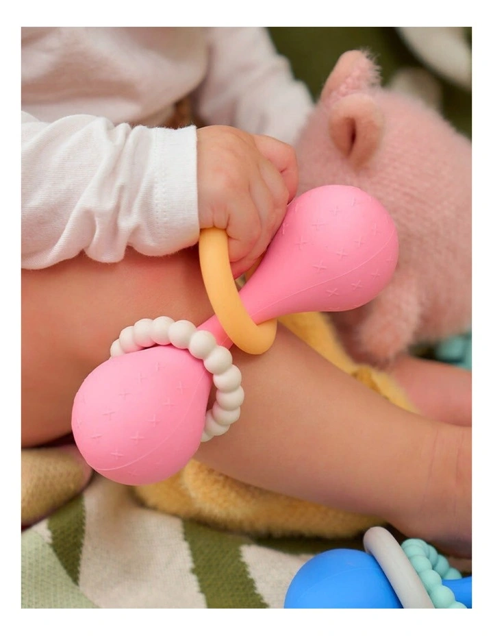 2pc Annabel Trends Silicone Dumbbell Rattle Baby Sensory Teething Toy Pink image 4
