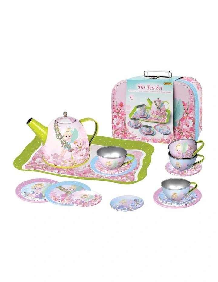 Kaper Kidz 15pc Fairy Tin Tea Set Kids Pretend Play Suitcase 3 Years Plus image 1