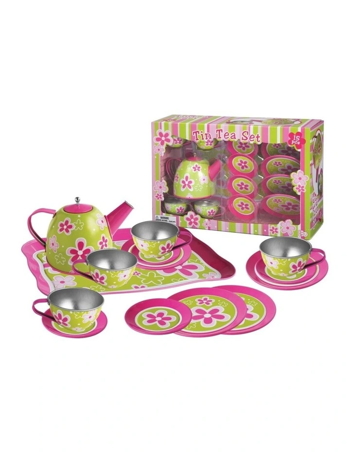 Kaper Kidz Lime Daisy Flower Tin Tea Set 15 Pieces Pretend Play Kids 3y image 1