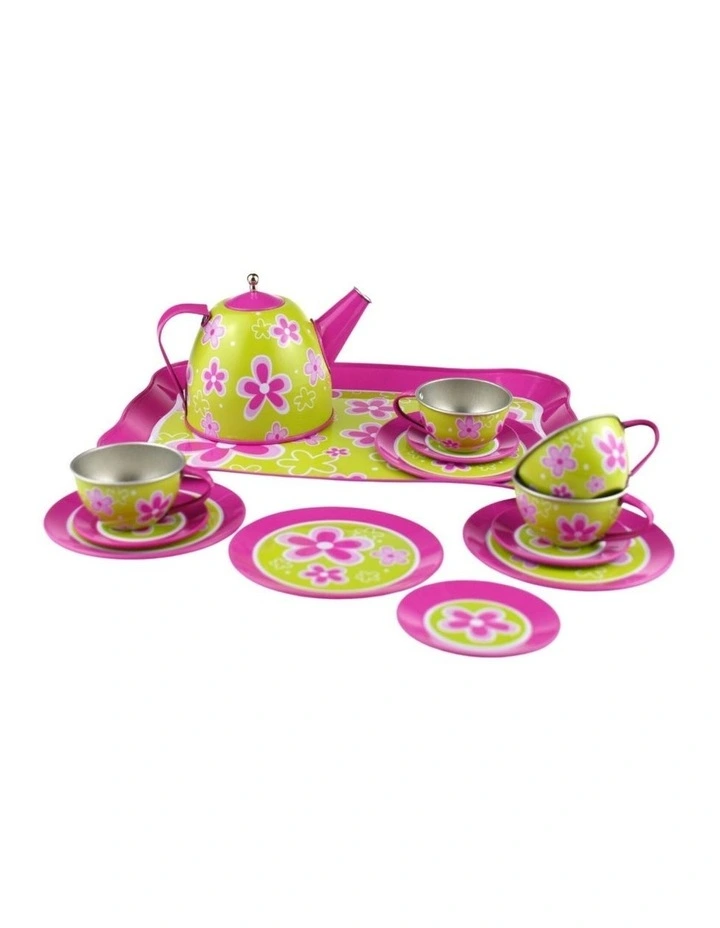 Kaper Kidz Lime Daisy Flower Tin Tea Set 15 Pieces Pretend Play Kids 3y image 2