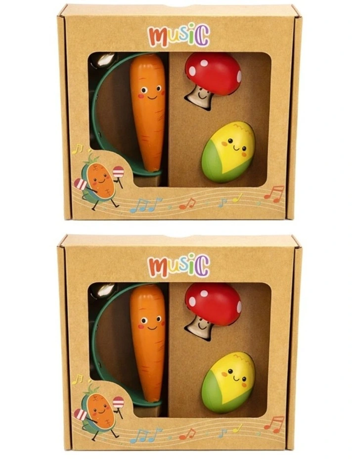 2x 3pc Kaper Kidz Wooden Veggie Musical Toy Set Carrot Mushroom Corn Kids 0m image 1