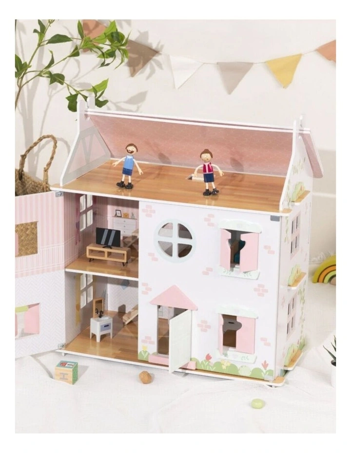 Tooky Toy Wooden Two-Storey Doll House With Furniture And Dolls Kids 3y image 2