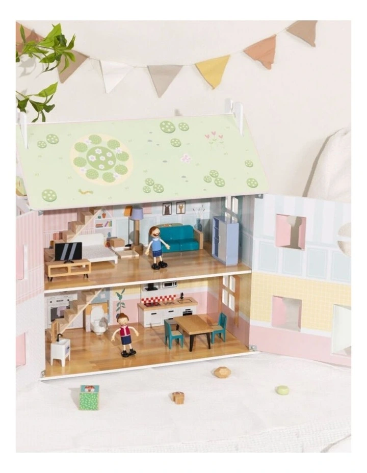 Tooky Toy Wooden Two-Storey Doll House With Furniture And Dolls Kids 3y image 3