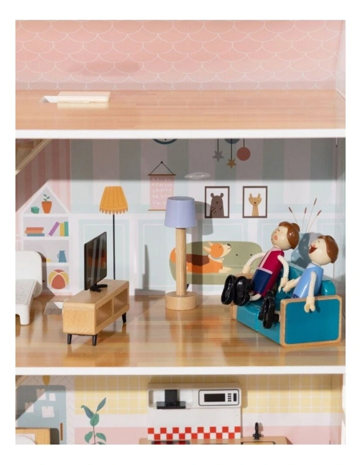 Tooky Toy Wooden Two-Storey Doll House With Furniture And Dolls Kids 3y image 4