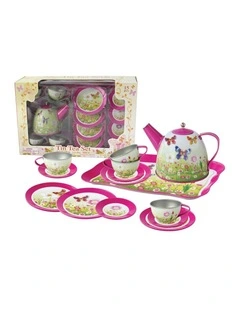 Kaper Kidz Pink Butterfly Tin Tea Set 15 Pieces Pretend Play Kids 3y 