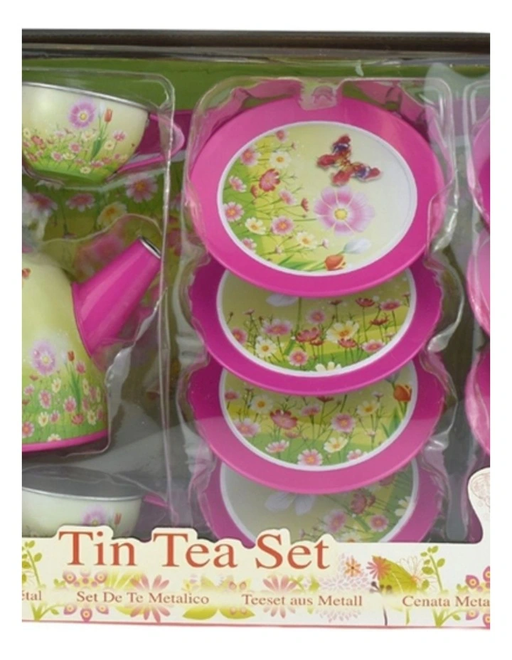 Kaper Kidz Pink Butterfly Tin Tea Set 15 Pieces Pretend Play Kids 3y  image 2
