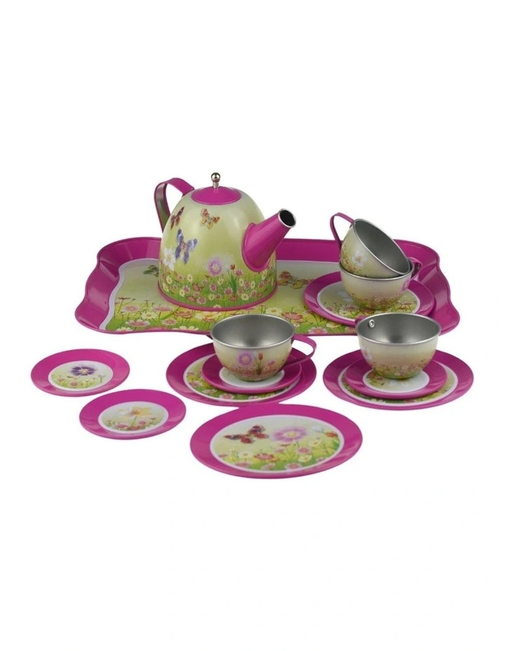 Kaper Kidz Pink Butterfly Tin Tea Set 15 Pieces Pretend Play Kids 3y  image 3