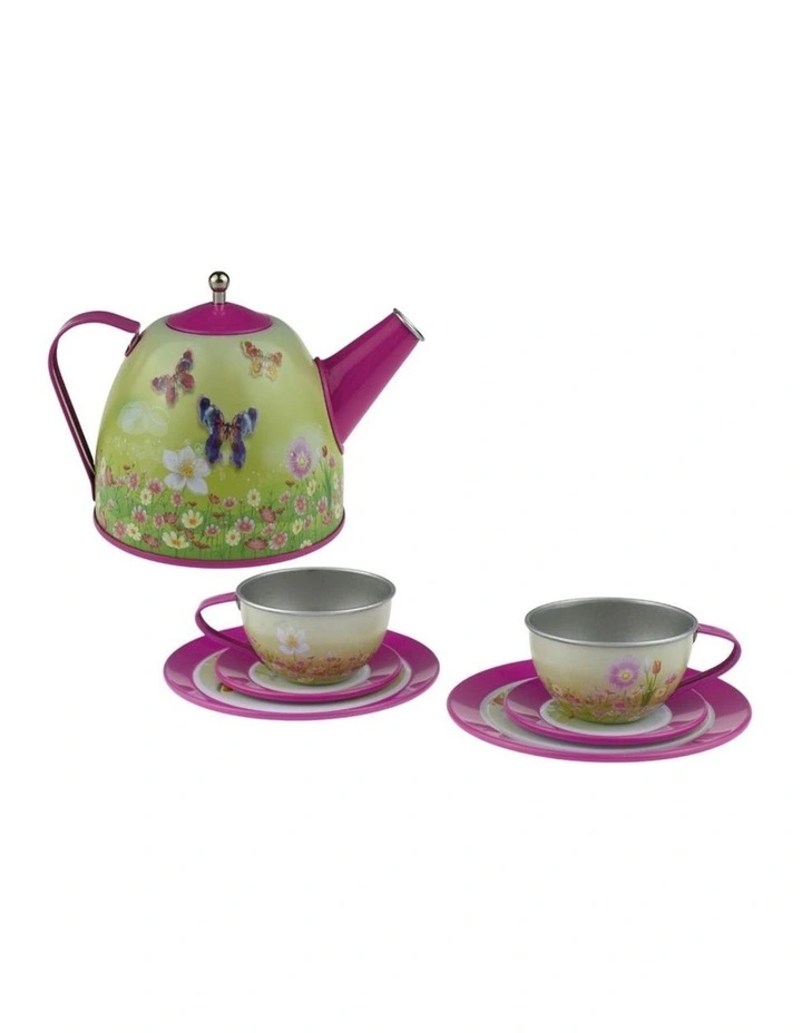 Kaper Kidz Pink Butterfly Tin Tea Set 15 Pieces Pretend Play Kids 3y  image 4