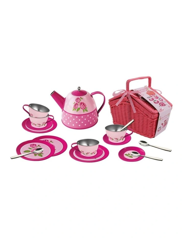 18pc Kaper Kidz Rose Tin Tea Set with Picnic Basket Kids Toy 3y  image 1