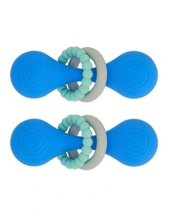 2pc Annabel Trends Silicone Dumbbell Rattle Baby Teething Toy Blue