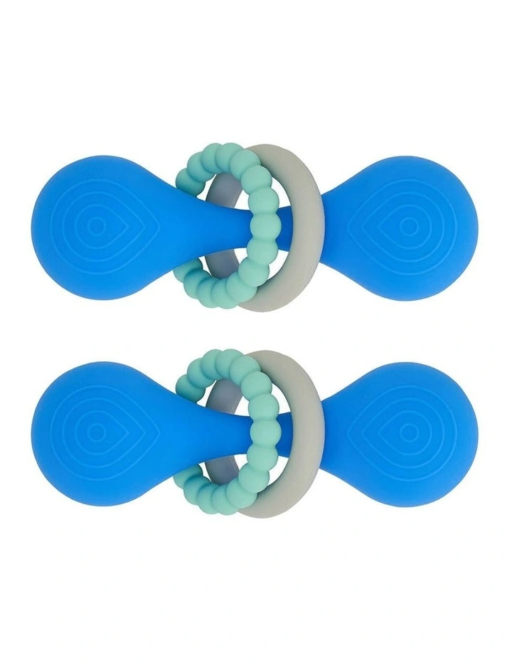 2pc Annabel Trends Silicone Dumbbell Rattle Baby Teething Toy Blue image 1
