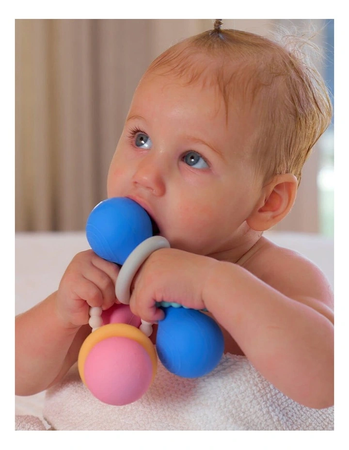 2pc Annabel Trends Silicone Dumbbell Rattle Baby Teething Toy Blue image 3