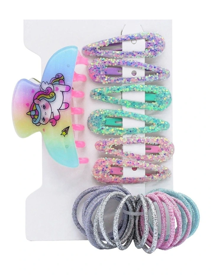 Unicorn Claw Snap Clip and Hair Tie Pack in Assorted image 2