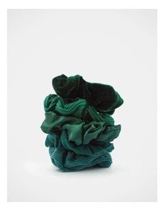 School Mixed Fabric Scrunchie 5Pk in Green