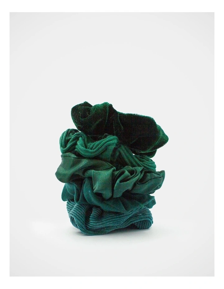 School Mixed Fabric Scrunchie 5Pk in Green image 1