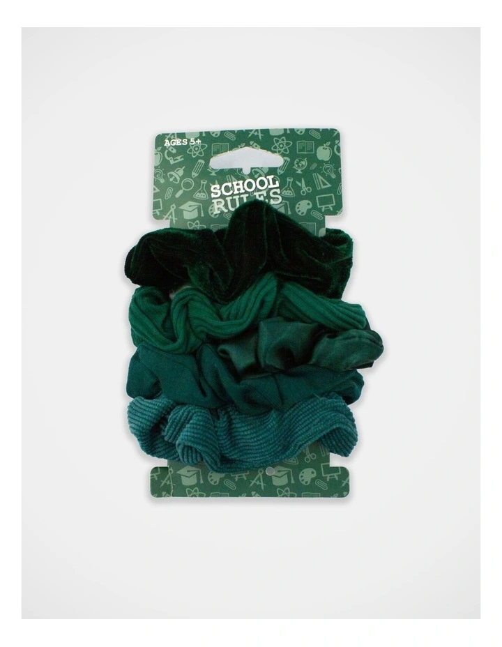 School Mixed Fabric Scrunchie 5Pk in Green image 2