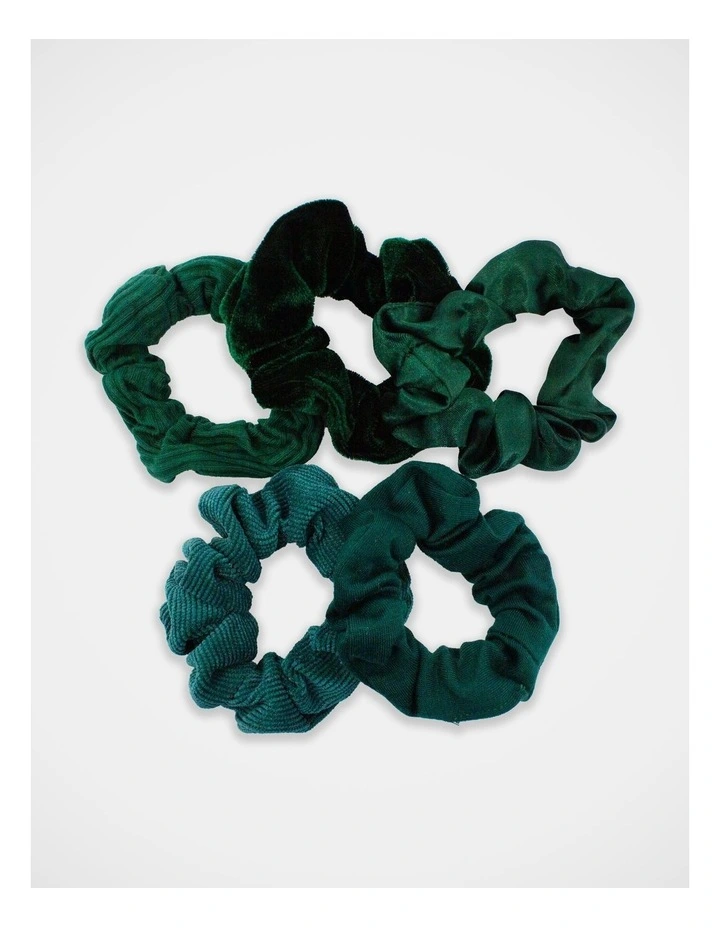 School Mixed Fabric Scrunchie 5Pk in Green image 3
