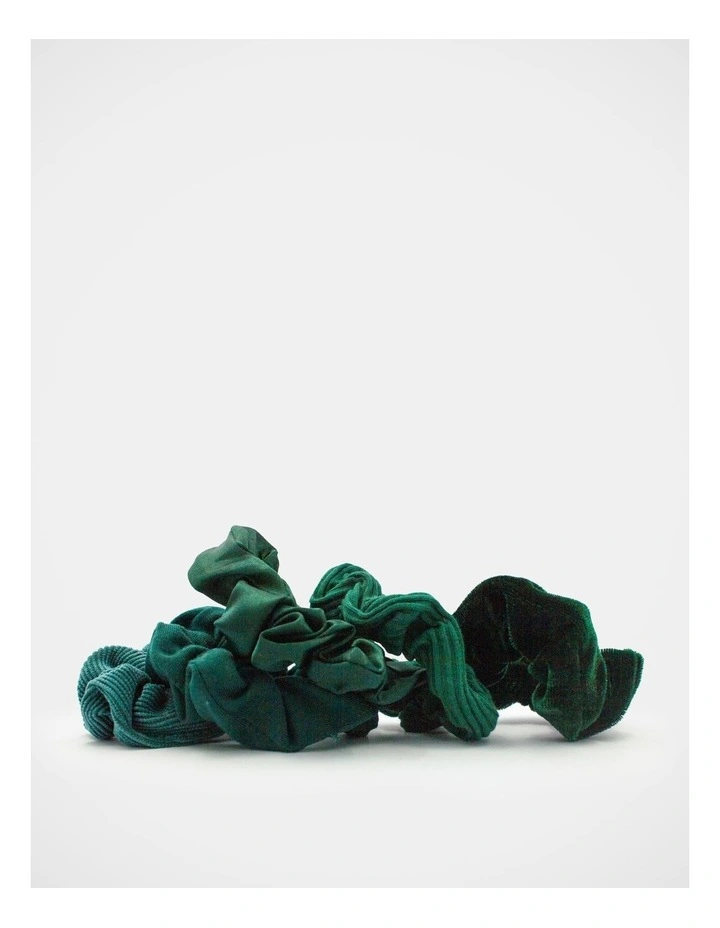 School Mixed Fabric Scrunchie 5Pk in Green image 4