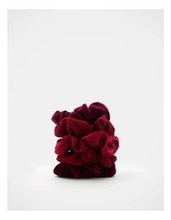 School Mixed Fabric Scrunchie 5Pk in Maroon