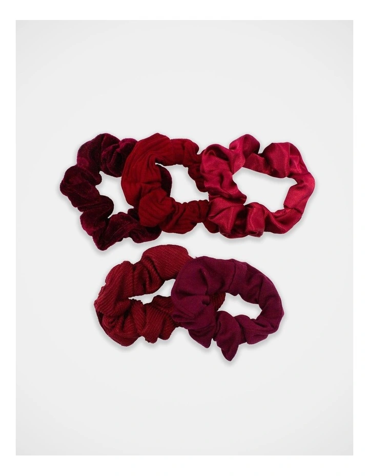 School Mixed Fabric Scrunchie 5Pk in Maroon image 3