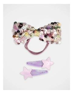 Sequin Bow Hairtie and Star Hair Clip 3Paxk in Purple