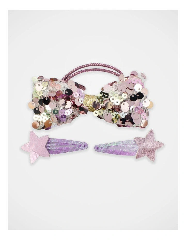 Sequin Bow Hairtie and Star Hair Clip 3Paxk in Purple image 3