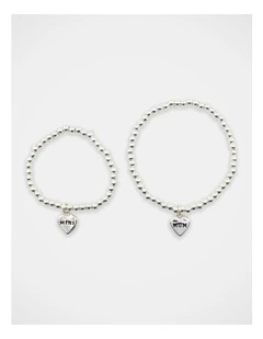 Mamma And Mini Beaded Heart Bracelet Set in Silver