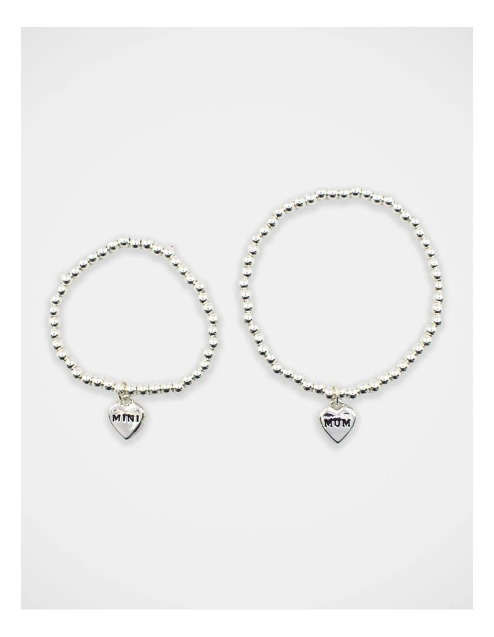 Mamma And Mini Beaded Heart Bracelet Set in Silver image 1
