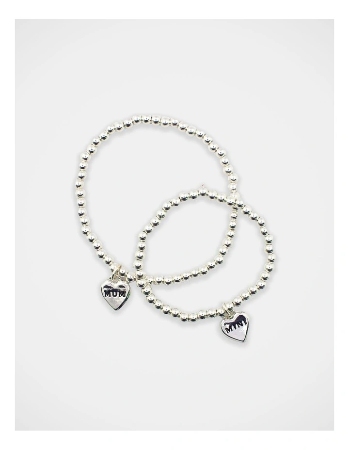 Mamma And Mini Beaded Heart Bracelet Set in Silver image 3
